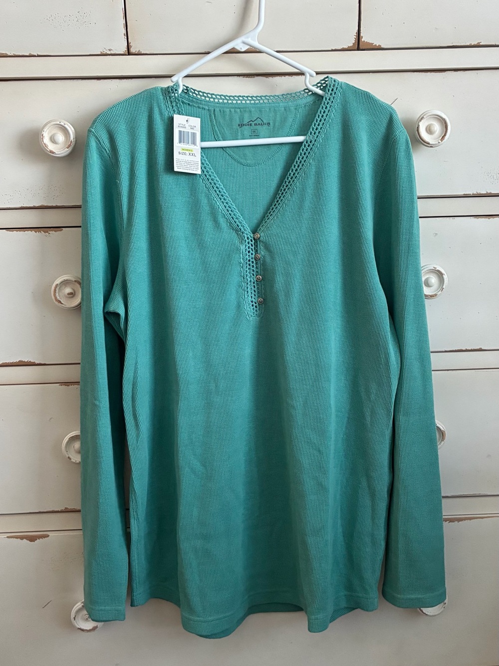 NWT Eddie Bauer Teal Crochet-Trim Henley Top